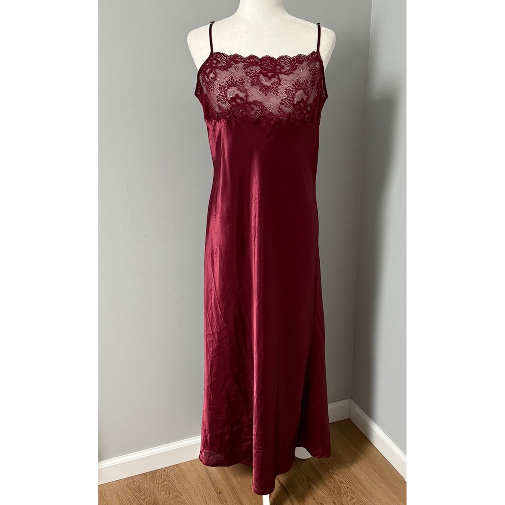 Vtg Cacique Lingerie Burgundy Satin Lace Maxi Nightgown Adjustable Straps Large